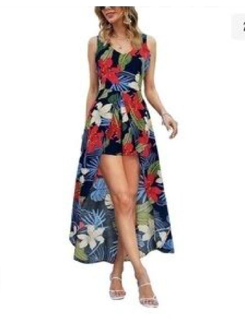 Kormei Sleeveless Scoop Neck Floral Tropical Split Maxi Romper Dress Size Large